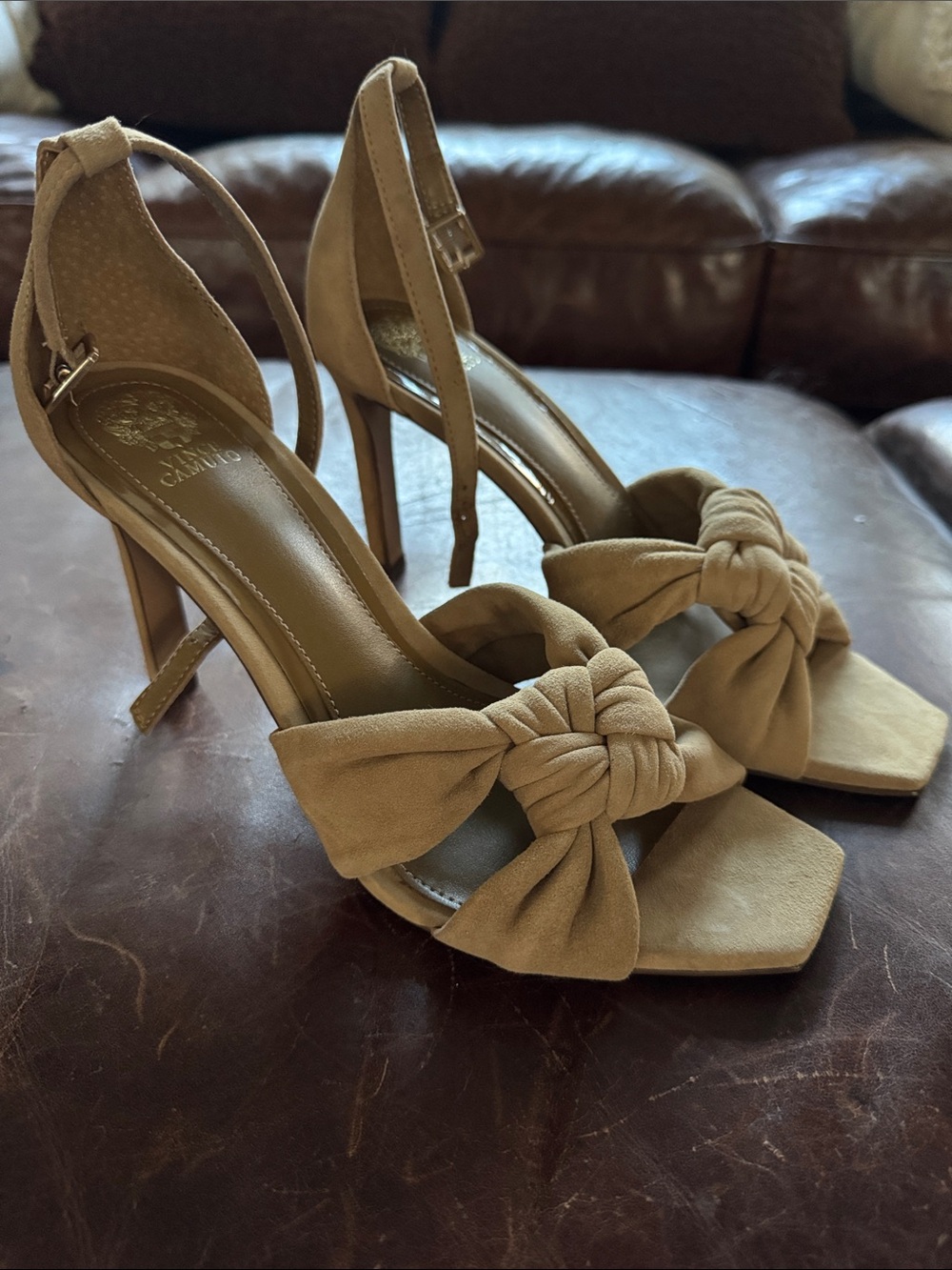 Vince Camuto Knot Bow Suede Ankle-Strap Heels in Tan